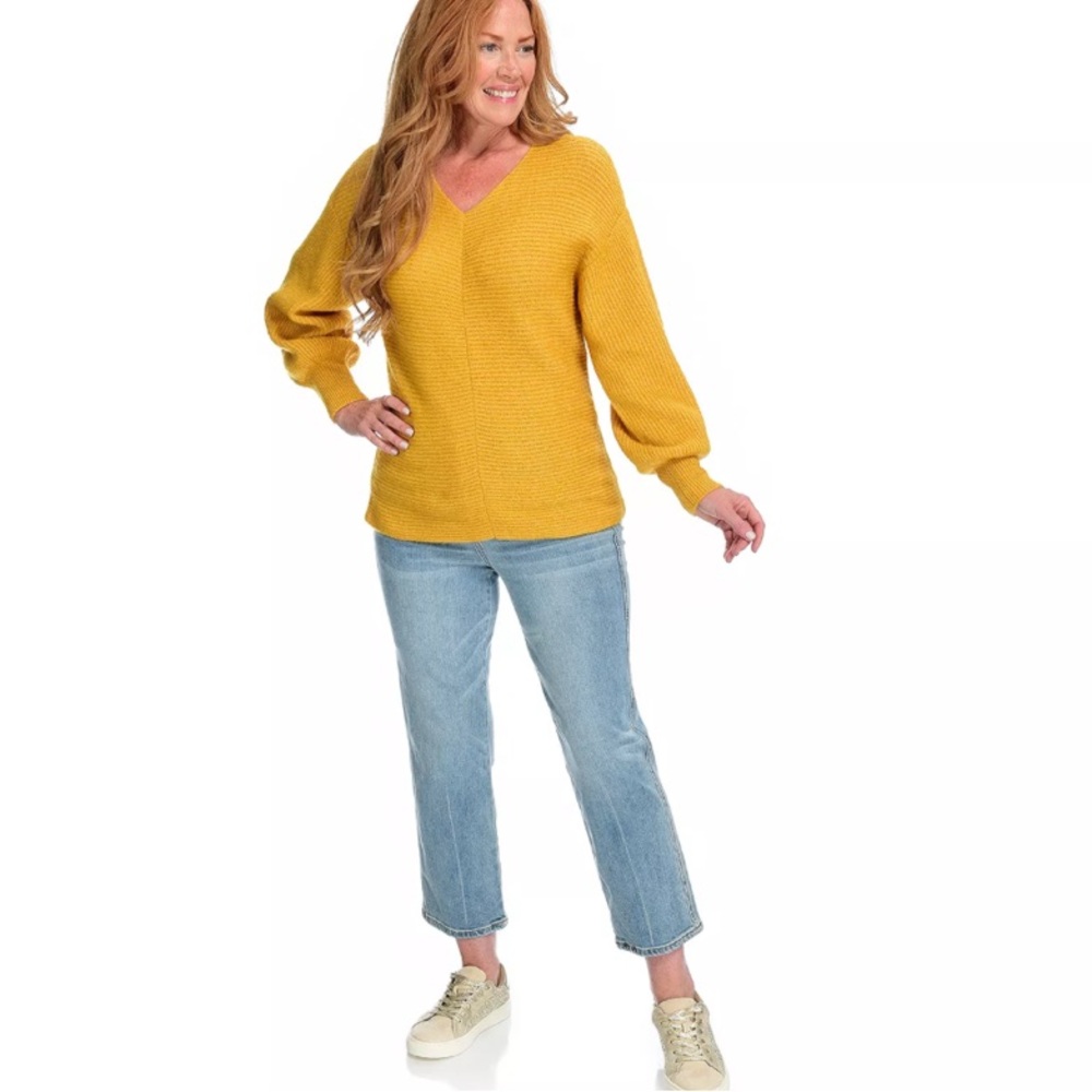 Women’s Theo & Spence Rib Knit Mustard Balloon Sleeve V-Neck Sweater